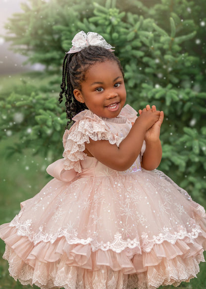 Blush Gingerbread Dream – Embroidered Vintage Inspired Boutique Girls Dress | Tulle Organza Lace Heirloom Style Christmas Dress