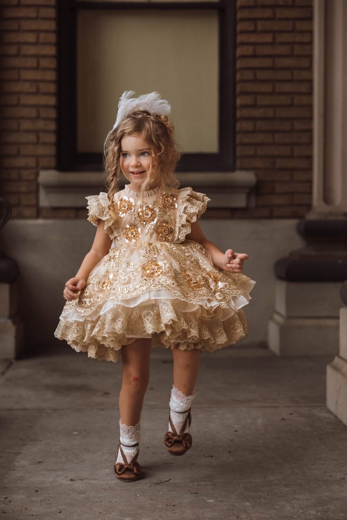 Golden Heiress Dress – Floral Appliqué Gold Lace Girls Dress | Organza Ruffle Heirloom Style