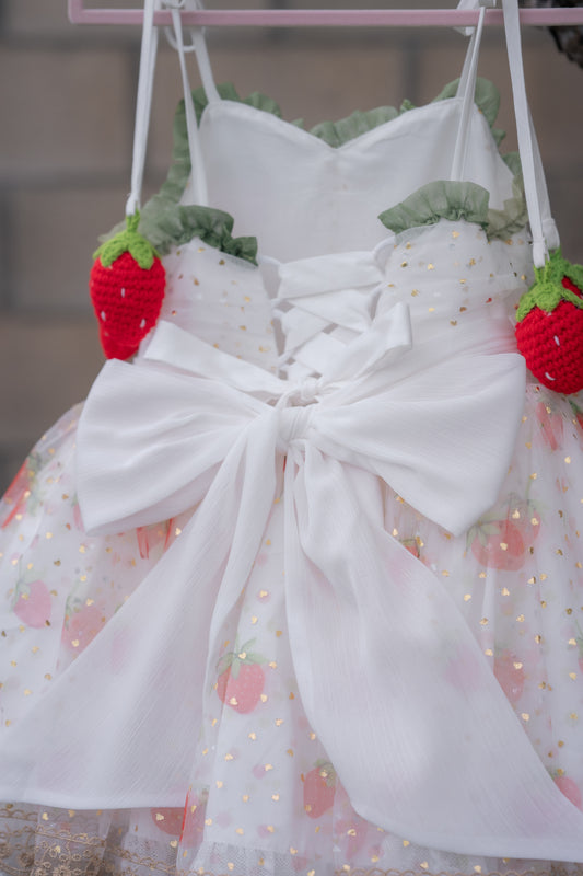 Strawberry Lumière Dress – Vintage Inspired Boutique Girls Dress | Strawberry Print Chiffon Ruffle Heirloom Style