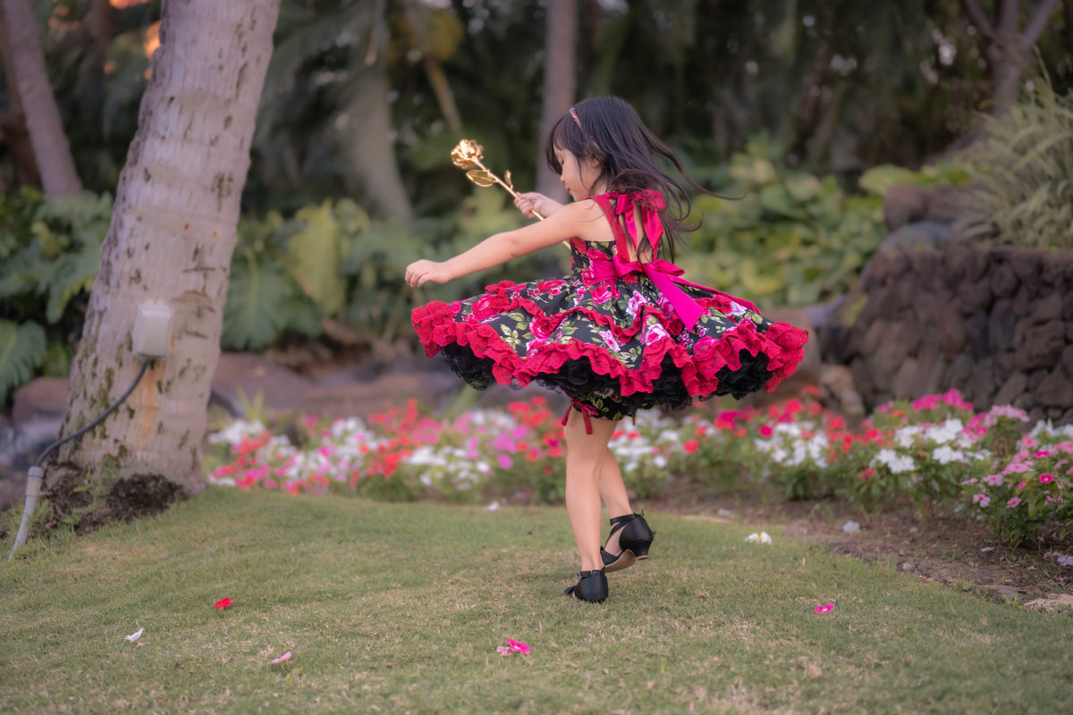 Robe fille de style boutique Rosette Noir – Imprimé floral d’inspiration vintage | Coton dentelle volant style héritage occasion spéciale