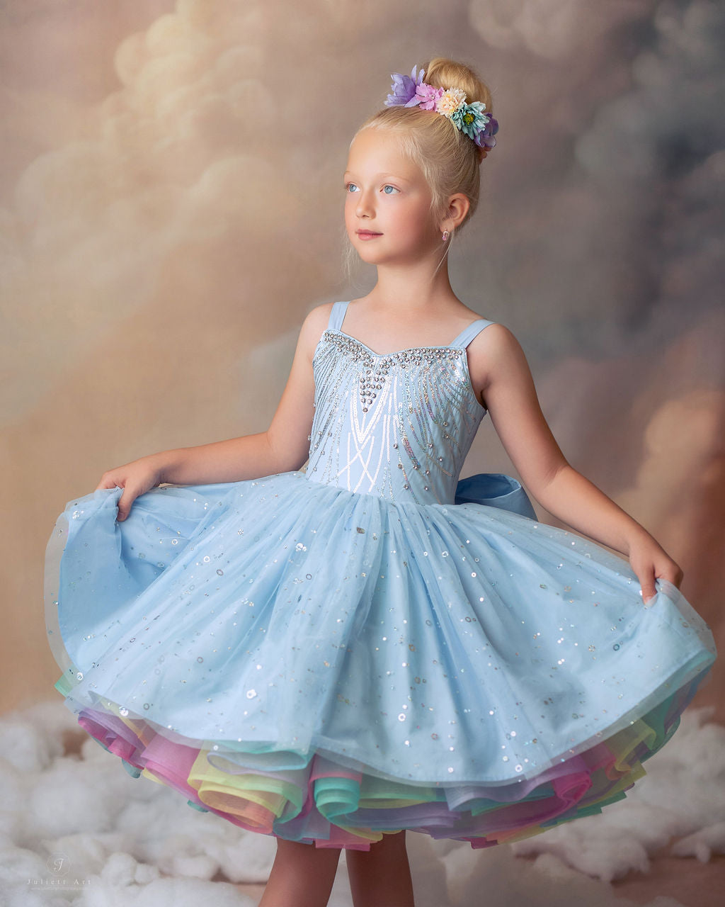 Arc-en-ciel par Temps Nuageux — Robe d'Anniversaire Arc-en-ciel Fille | Jupon en Tulle Héritage & Robe à Nœud