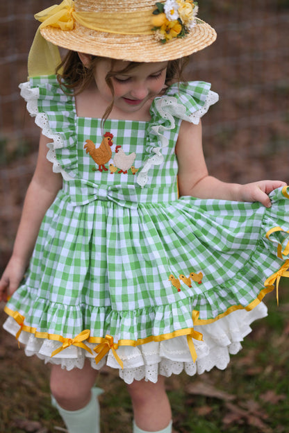 Emily's Little Farm Friends Dress – Hand Embroidered Vintage Inspired Cotton Boutique Girls Summer Dress | Plaid Lace Ruffle Heirloom Style