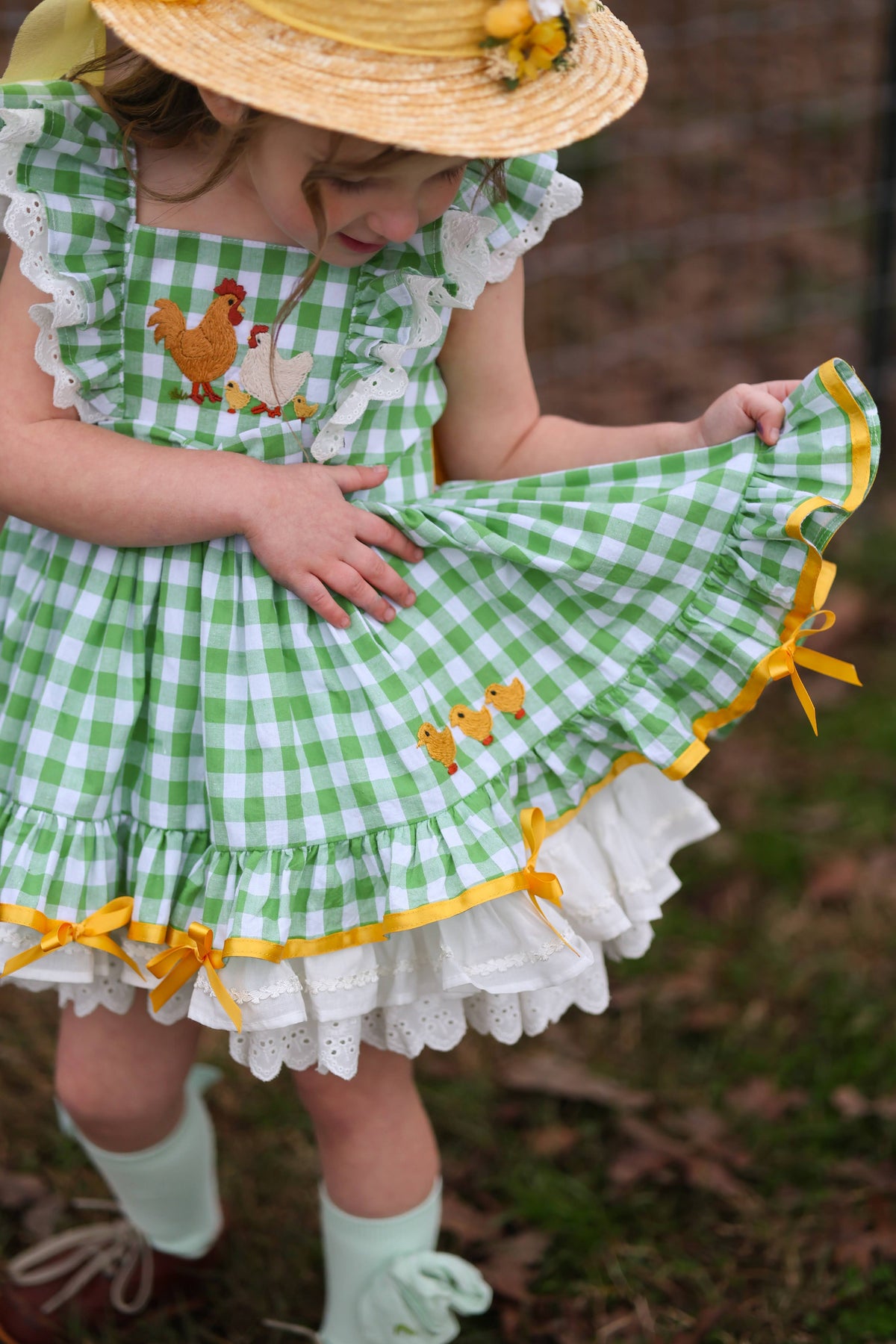 Emily's Little Farm Friends Dress – Hand Embroidered Vintage Inspired Cotton Boutique Girls Summer Dress | Plaid Lace Ruffle Heirloom Style