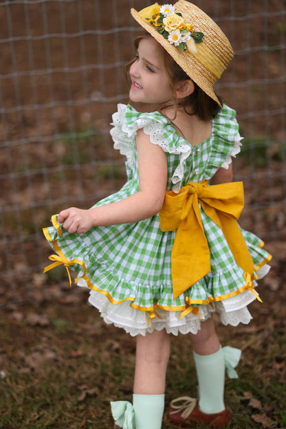 Emily's Little Farm Friends Dress – Hand Embroidered Vintage Inspired Cotton Boutique Girls Summer Dress | Plaid Lace Ruffle Heirloom Style