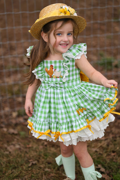 Emily's Little Farm Friends Dress – Hand Embroidered Vintage Inspired Cotton Boutique Girls Summer Dress | Plaid Lace Ruffle Heirloom Style