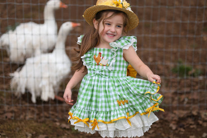 Emily's Little Farm Friends Dress – Hand Embroidered Vintage Inspired Cotton Boutique Girls Summer Dress | Plaid Lace Ruffle Heirloom Style