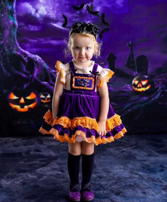 Spooky Pumpkin Moonlight Dress – Embroidered Boutique Girls Dress | Velvet Lace Ruffle Halloween Special Occasion