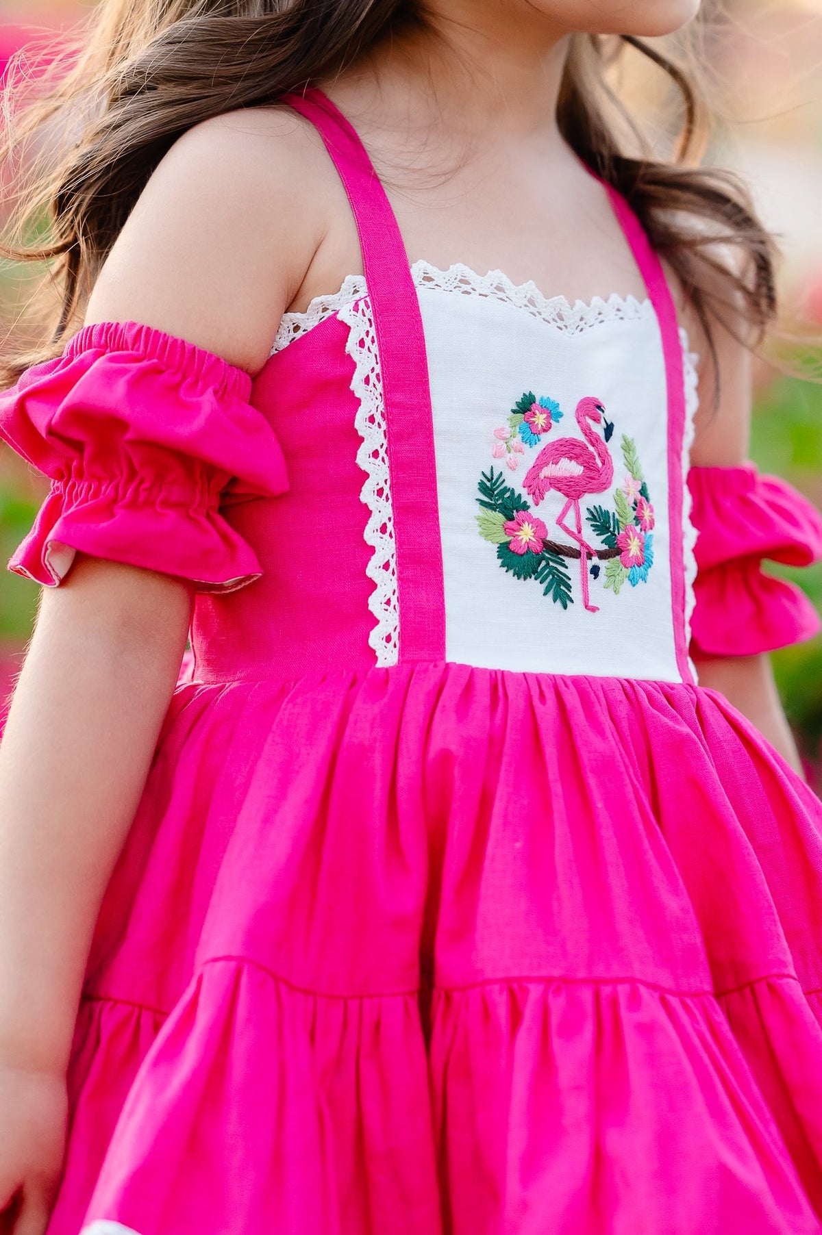 Flamingo Bloom Petti Dress – Hand Embroidered Vintage Inspired Linen Cotton Boutique Girls Dress | Lace Corset Heirloom Style
