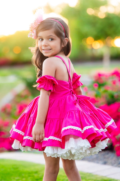 Flamingo Bloom Petti Dress – Hand Embroidered Vintage Inspired Linen Cotton Boutique Girls Dress | Lace Corset Heirloom Style