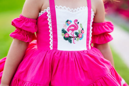 Flamingo Bloom Petti Dress – Hand Embroidered Vintage Inspired Linen Cotton Boutique Girls Dress | Lace Corset Heirloom Style