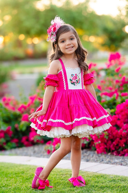 Flamingo Bloom Petti Dress – Hand Embroidered Vintage Inspired Linen Cotton Boutique Girls Dress | Lace Corset Heirloom Style