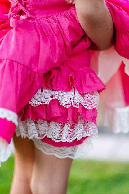 Flamingo Bloom Petti Dress – Hand Embroidered Vintage Inspired Linen Cotton Boutique Girls Dress | Lace Corset Heirloom Style