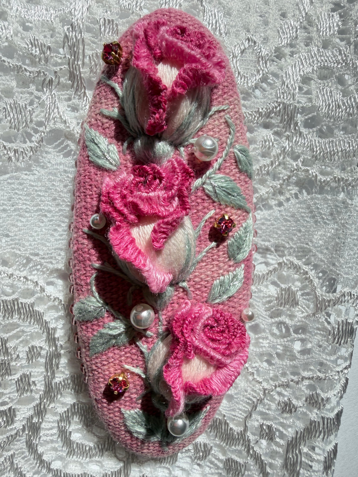 Hand-Embroidered 3D Rose Hair Clip — Framboise, Raspberry Pink
