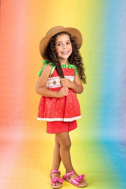 Strawberry Sweetness Set – Smocked Embroidered Cotton Boutique Girls Set | Strawberry Print Broderie Anglaise Summer Outfit