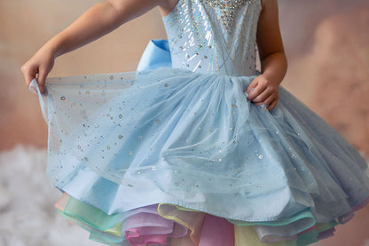 Arc-en-ciel par Temps Nuageux — Robe d'Anniversaire Arc-en-ciel Fille | Jupon en Tulle Héritage & Robe à Nœud