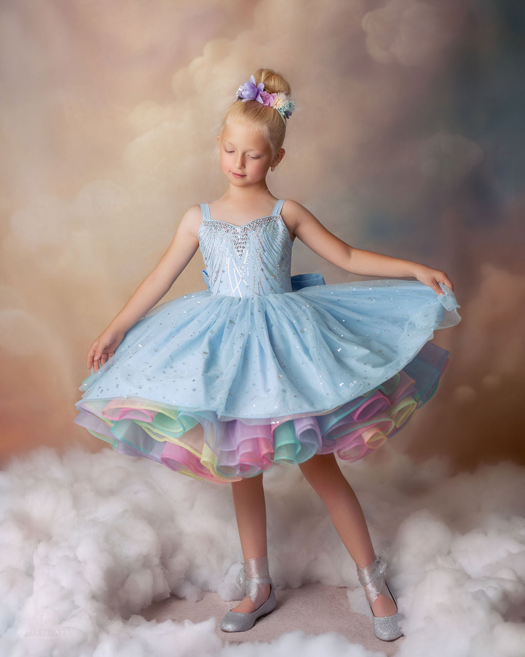Arc-en-ciel par Temps Nuageux — Robe d'Anniversaire Arc-en-ciel Fille | Jupon en Tulle Héritage & Robe à Nœud
