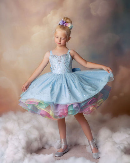 Arc-en-ciel par Temps Nuageux — Robe d'Anniversaire Arc-en-ciel Fille | Jupon en Tulle Héritage & Robe à Nœud