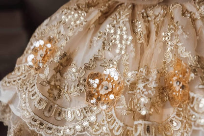 Golden Heiress Dress – Floral Appliqué Gold Lace Girls Dress | Organza Ruffle Heirloom Style