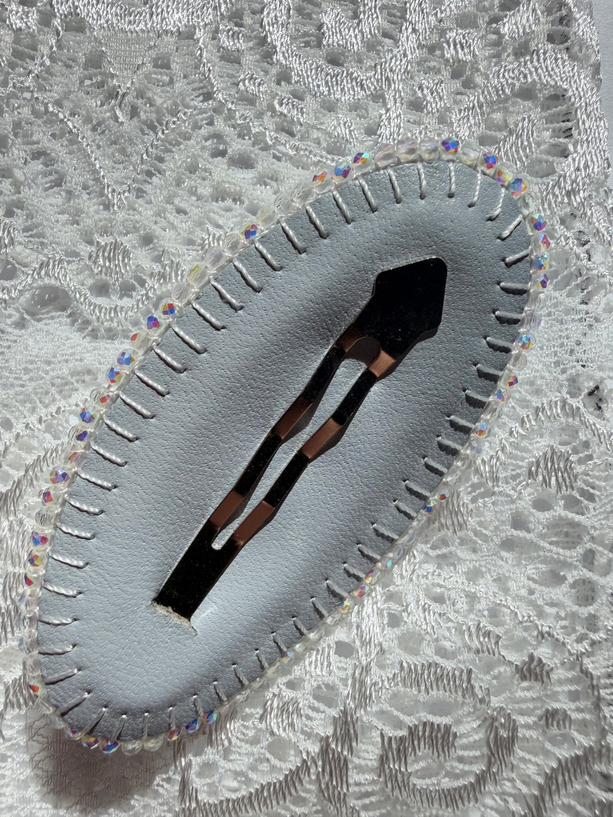 Hand-Embroidered 3D Rose Hair Clip — Givre, Icy Blue & White