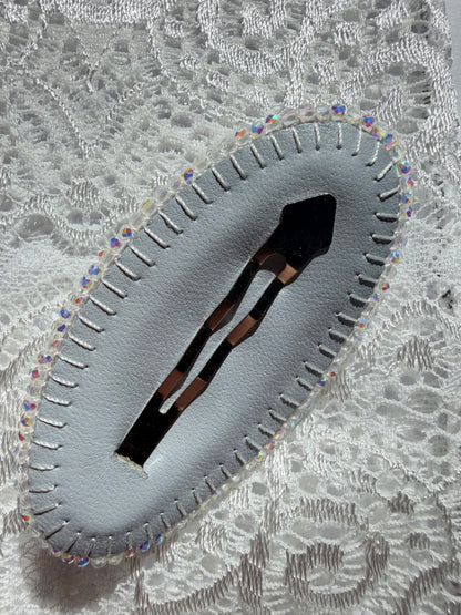 Hand-Embroidered 3D Rose Hair Clip — Givre, Icy Blue & White
