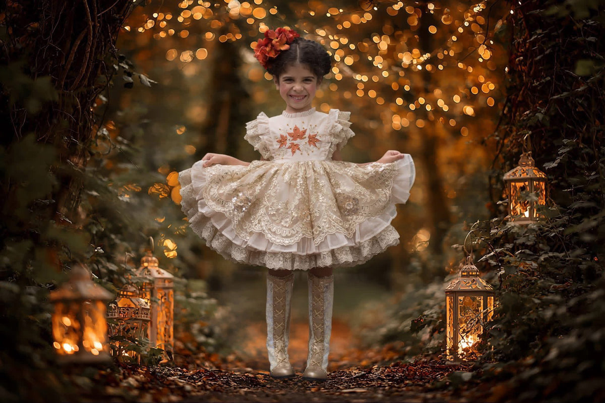 Falling in Lace — Embroidered Autumn Leaf Girls Dress | Gold Lace Ruffle Heirloom Boutique Dress