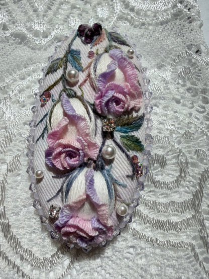 Hand-Embroidered 3D Rose Hair Clip — Brume, Vintage Pink & Grey