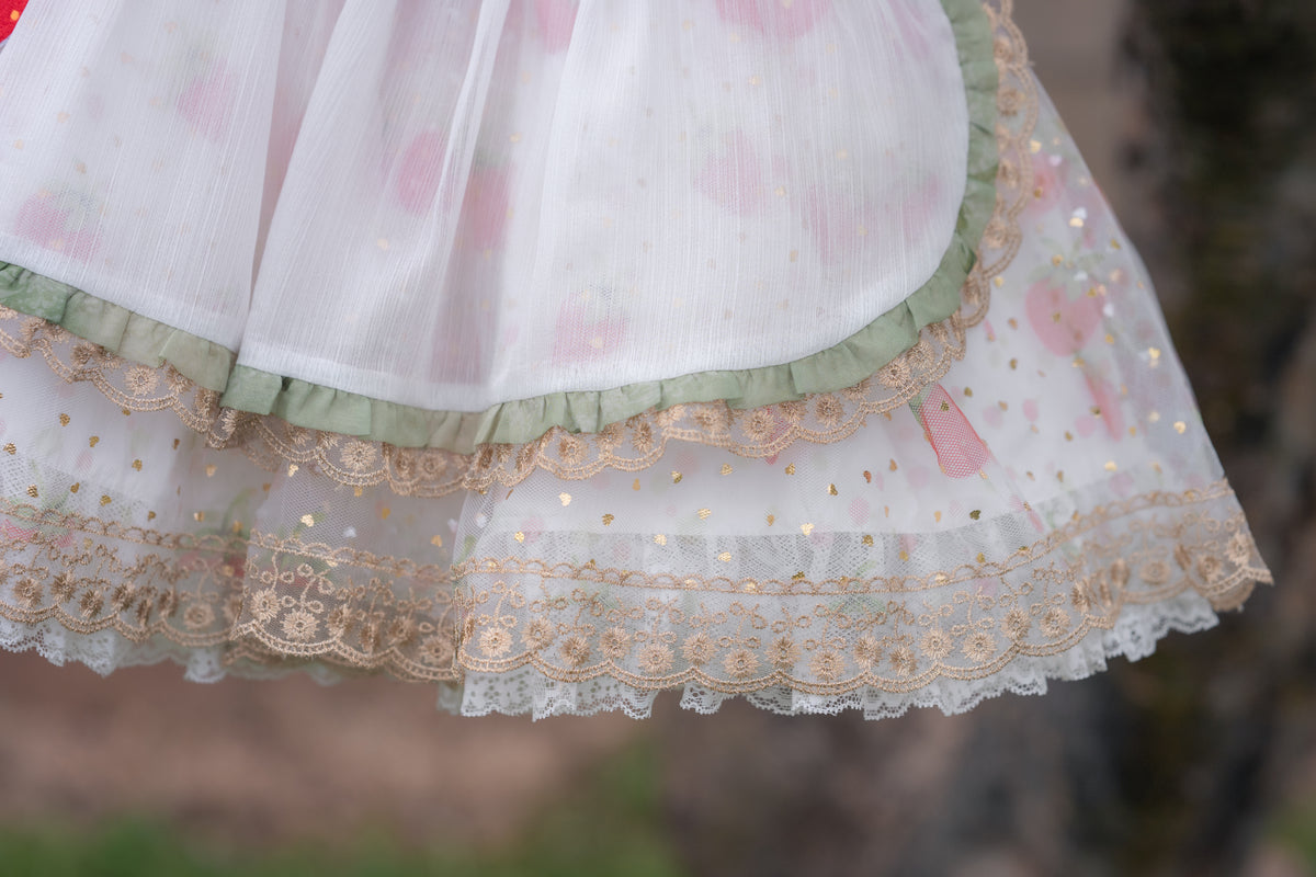 Robe Lumière Fraise – Robe de Fille de Boutique d'Inspiration Vintage | Style Héritage en Mousseline Volantée Imprimé Fraise
