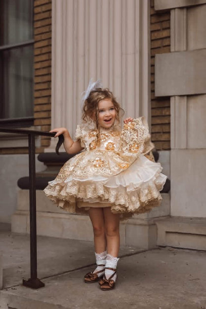 Golden Heiress Dress – Floral Appliqué Gold Lace Girls Dress | Organza Ruffle Heirloom Style