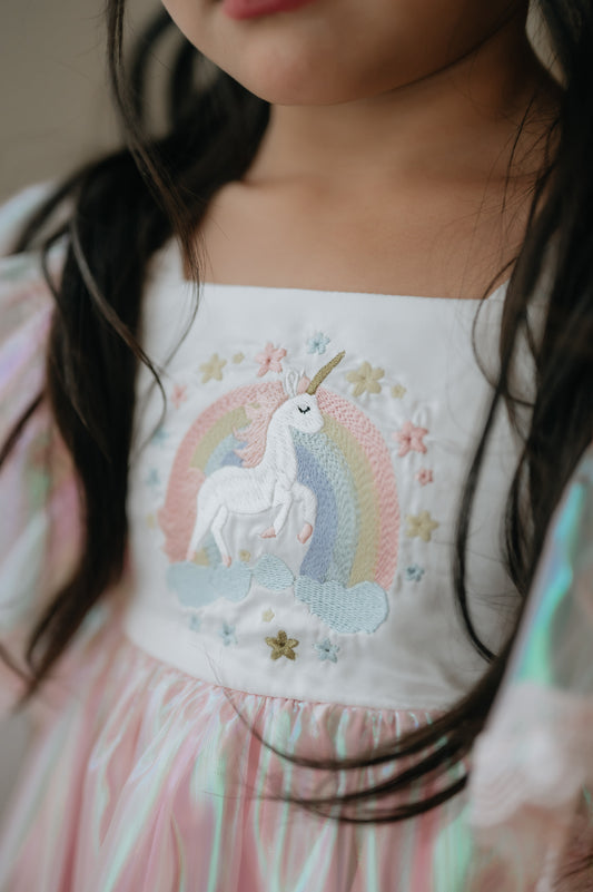 Unicorn Magic Play Set – Embroidered Vintage Inspired Boutique Girls Set | Iridescent Fabric Luxury Special Occasion
