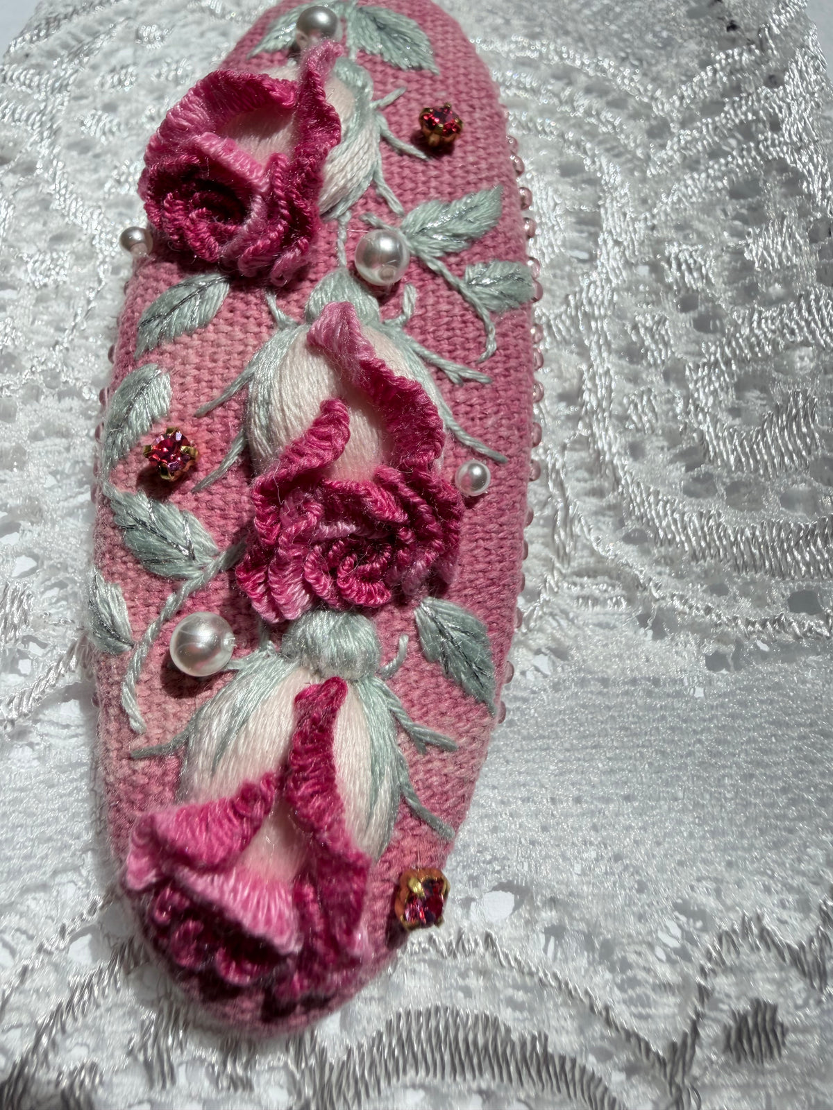 Hand-Embroidered 3D Rose Hair Clip — Framboise, Raspberry Pink