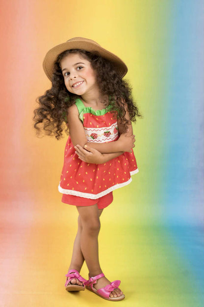 Strawberry Sweetness Set – Smocked Embroidered Cotton Boutique Girls Set | Strawberry Print Broderie Anglaise Summer Outfit