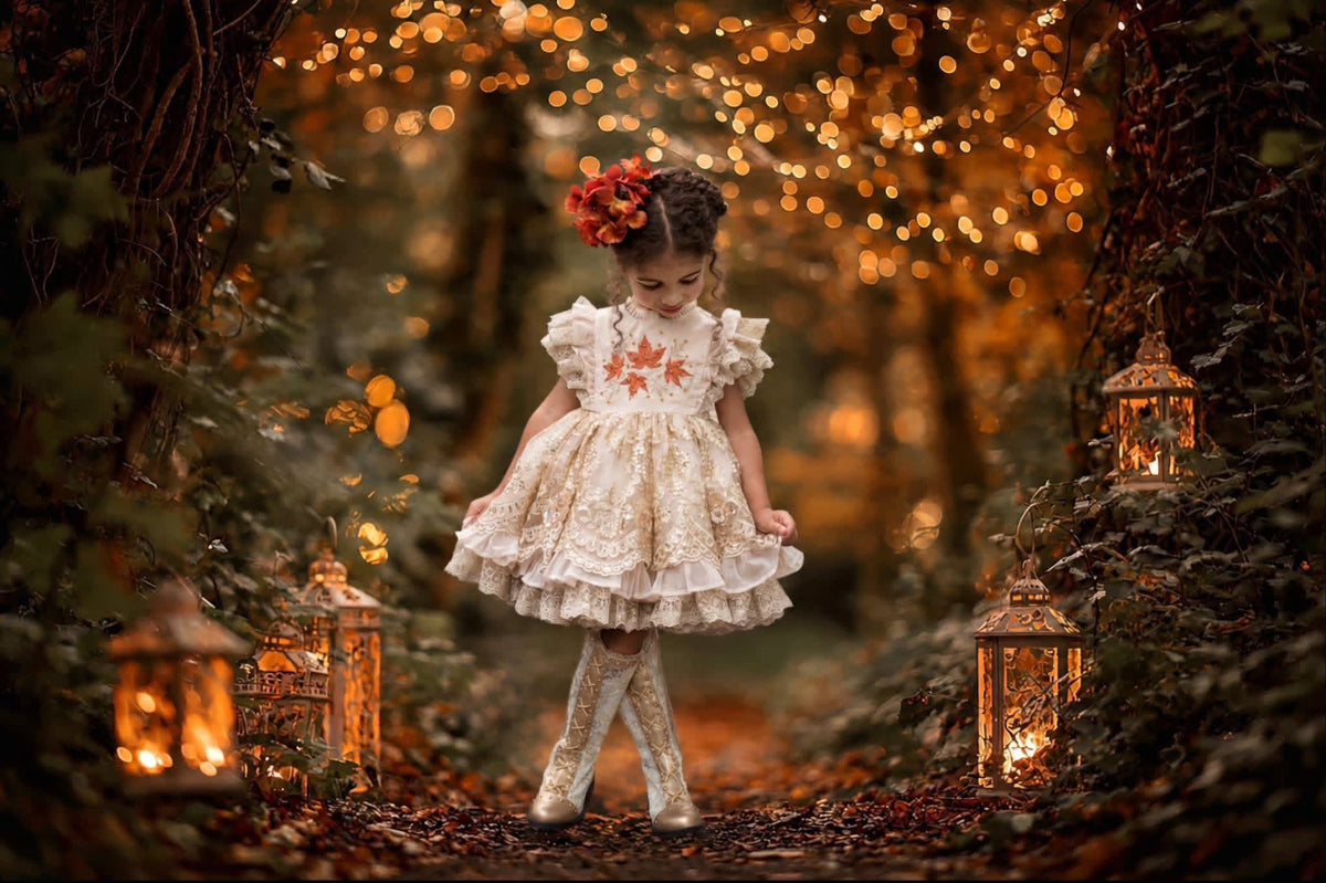 Falling in Lace — Embroidered Autumn Leaf Girls Dress | Gold Lace Ruffle Heirloom Boutique Dress