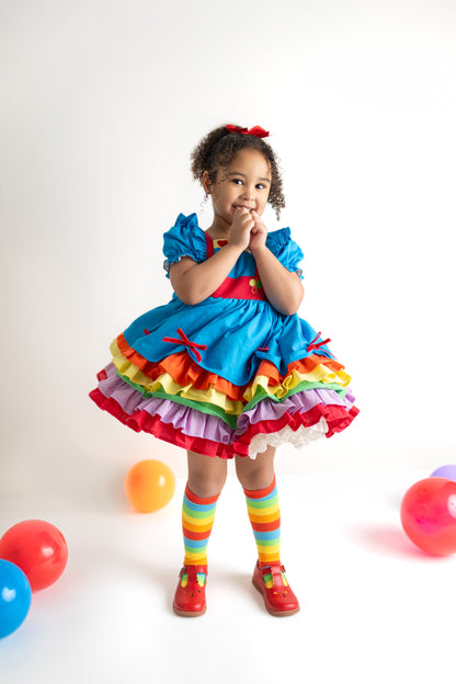 Rainbow Party – Hand Embroidered Vintage Inspired Boutique Girls Dress | Linen Cotton Tulle Lace Luxury Occasion Dress