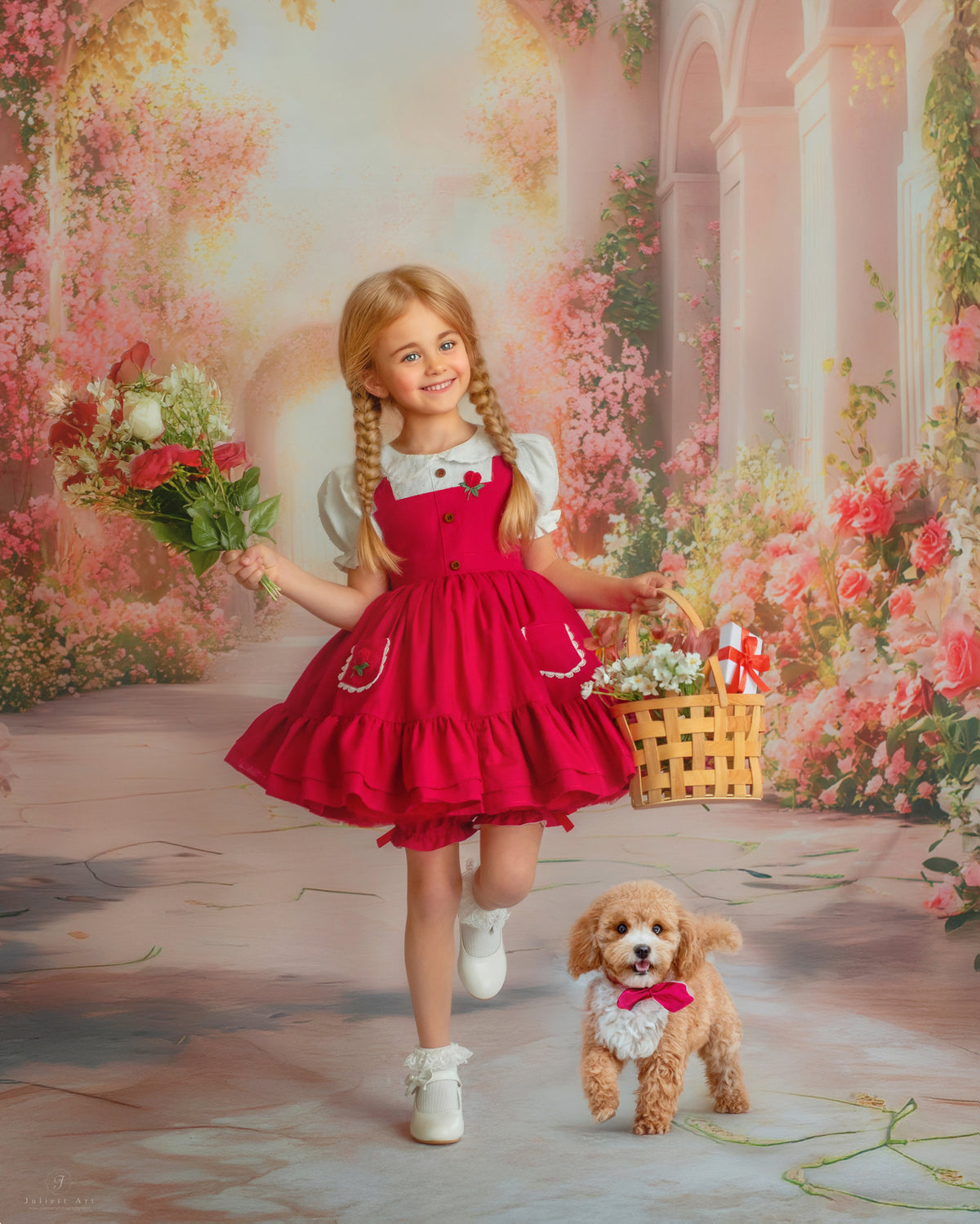 Little Red Majesty Dress – Hand Embroidered Vintage Inspired Boutique Girls Dress | Linen Cotton Swiss Dot Lace Heirloom Style