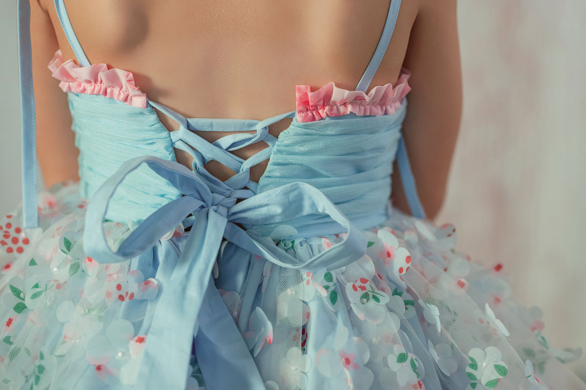 Petite Fleur du Ciel – Floral Print Vintage Inspired Boutique Girls Dress | Chiffon Tulle 3D Floral Luxury Occasion And Birthday Dress