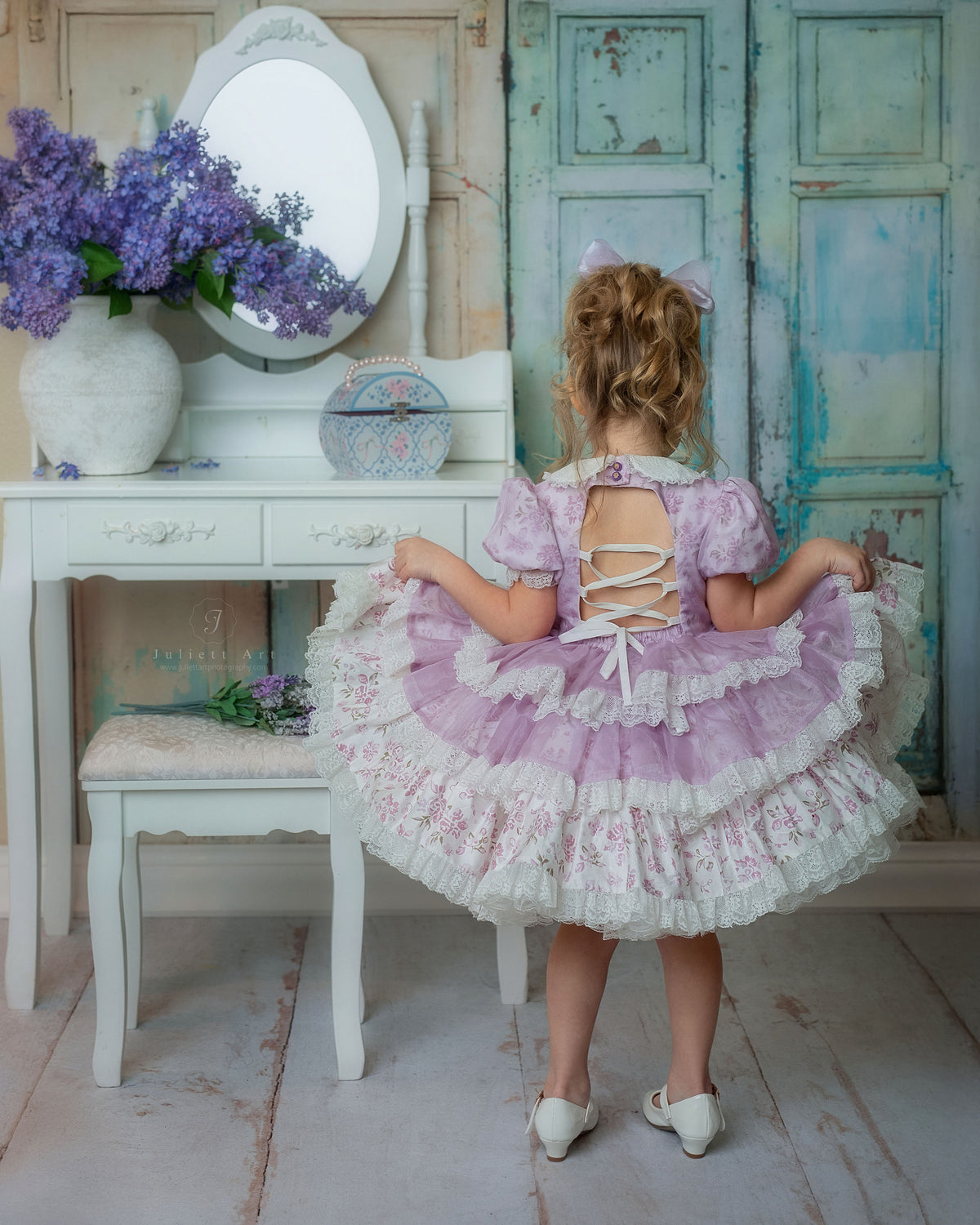 Lilas Étoilé Dress – Floral Print Vintage Inspired Boutique Girls Dress | Cotton Organza Lace Puff Sleeve Heirloom Style
