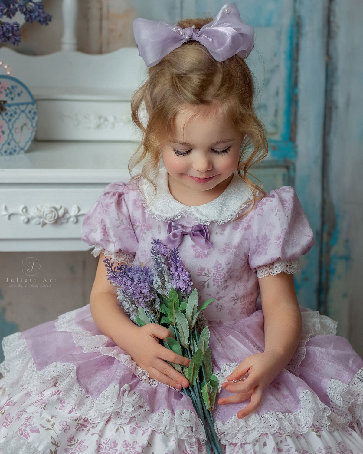 Lilas Étoilé Dress – Floral Print Vintage Inspired Boutique Girls Dress | Cotton Organza Lace Puff Sleeve Heirloom Style