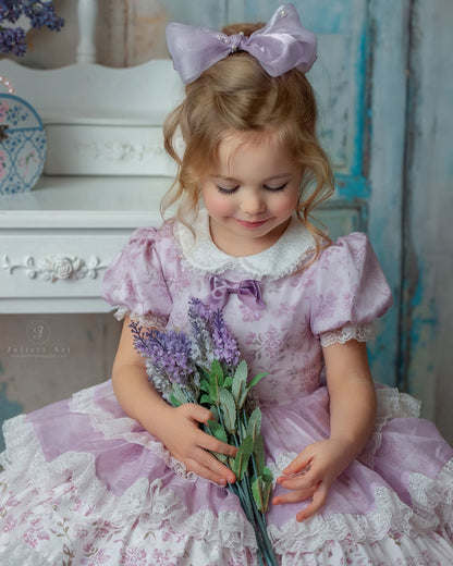 Lilas Étoilé Dress – Floral Print Vintage Inspired Boutique Girls Dress | Cotton Organza Lace Puff Sleeve Heirloom Style