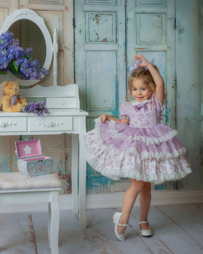 Lilas Étoilé Dress – Floral Print Vintage Inspired Boutique Girls Dress | Cotton Organza Lace Puff Sleeve Heirloom Style