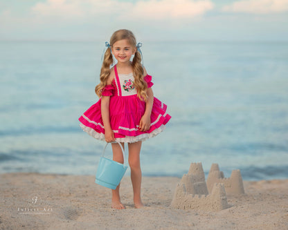 Flamingo Bloom Petti Dress – Hand Embroidered Vintage Inspired Linen Cotton Boutique Girls Dress | Lace Corset Heirloom Style