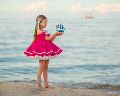 Flamingo Bloom Petti Dress – Hand Embroidered Vintage Inspired Linen Cotton Boutique Girls Dress | Lace Corset Heirloom Style