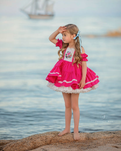 Flamingo Bloom Petti Dress – Hand Embroidered Vintage Inspired Linen Cotton Boutique Girls Dress | Lace Corset Heirloom Style