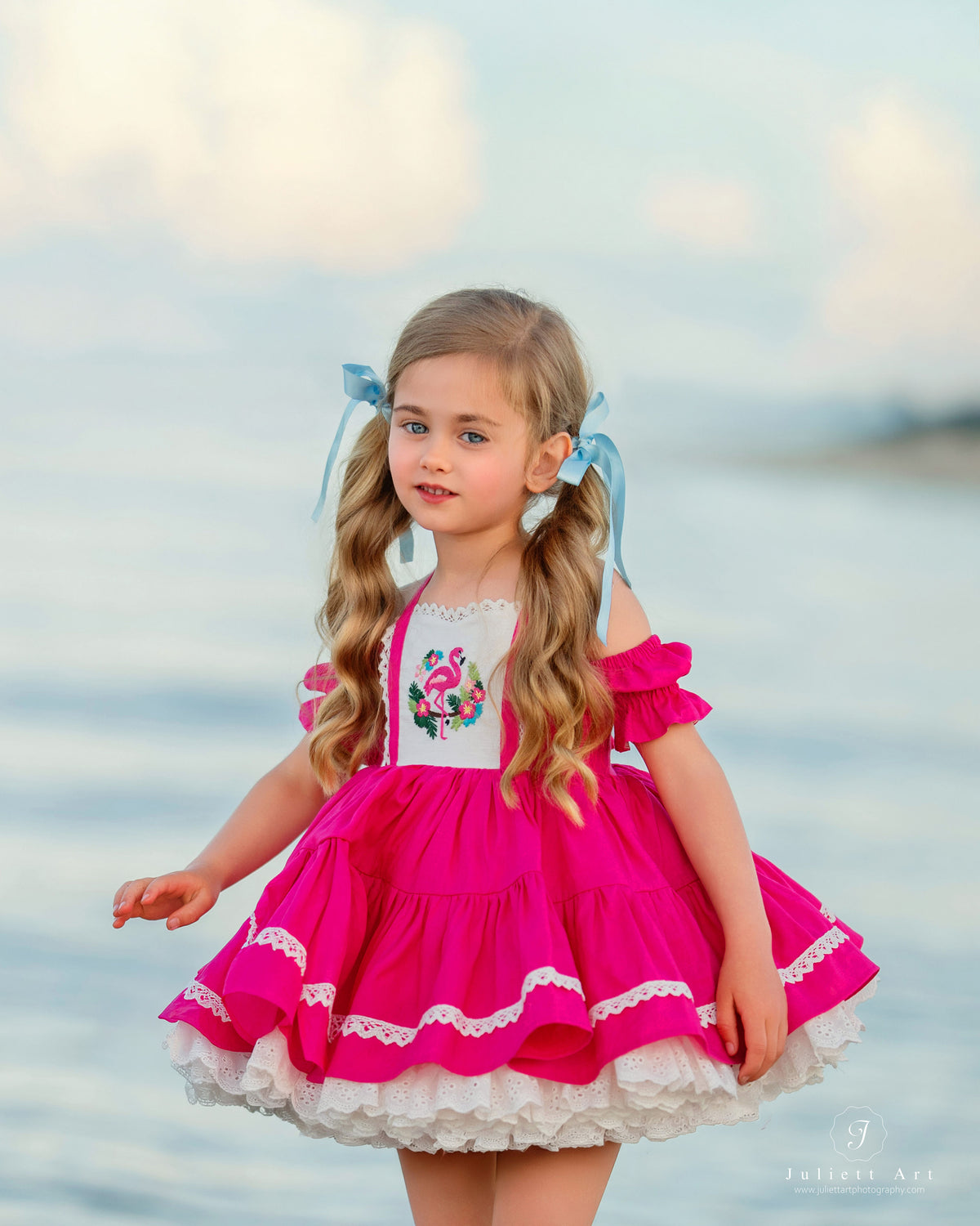 Flamingo Bloom Petti Dress – Hand Embroidered Vintage Inspired Linen Cotton Boutique Girls Dress | Lace Corset Heirloom Style