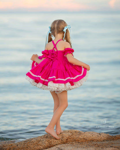 Flamingo Bloom Petti Dress – Hand Embroidered Vintage Inspired Linen Cotton Boutique Girls Dress | Lace Corset Heirloom Style