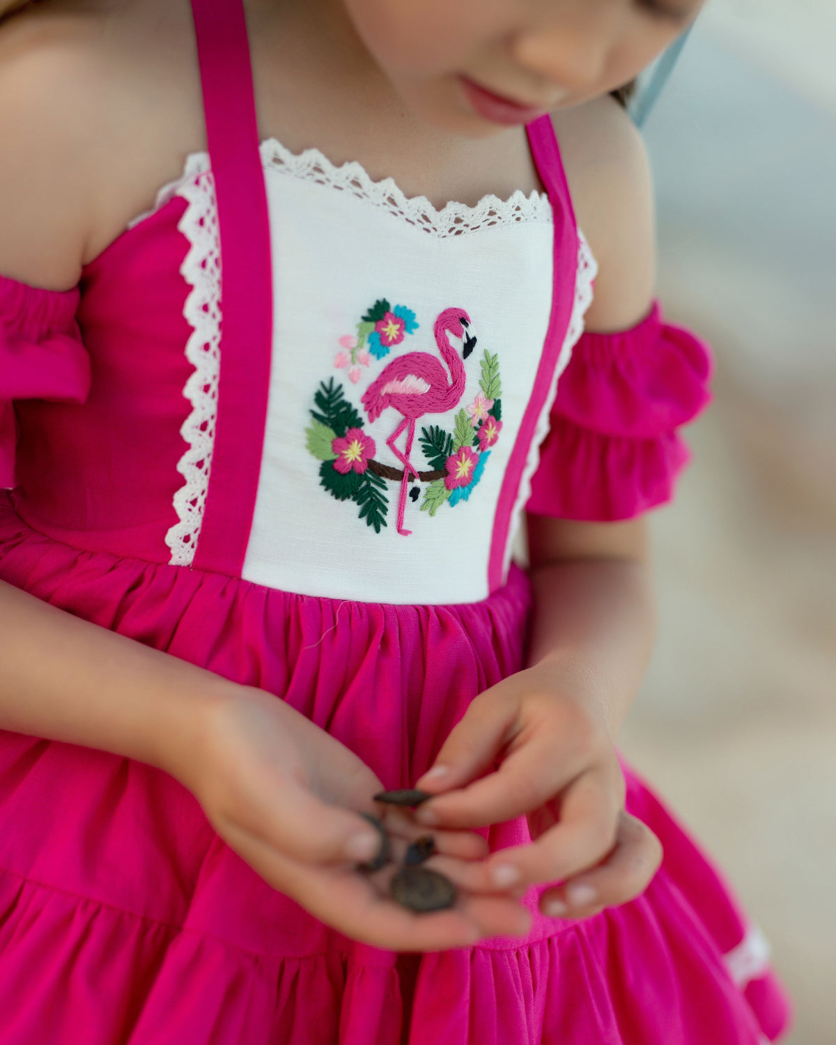 Flamingo Bloom Petti Dress – Hand Embroidered Vintage Inspired Linen Cotton Boutique Girls Dress | Lace Corset Heirloom Style