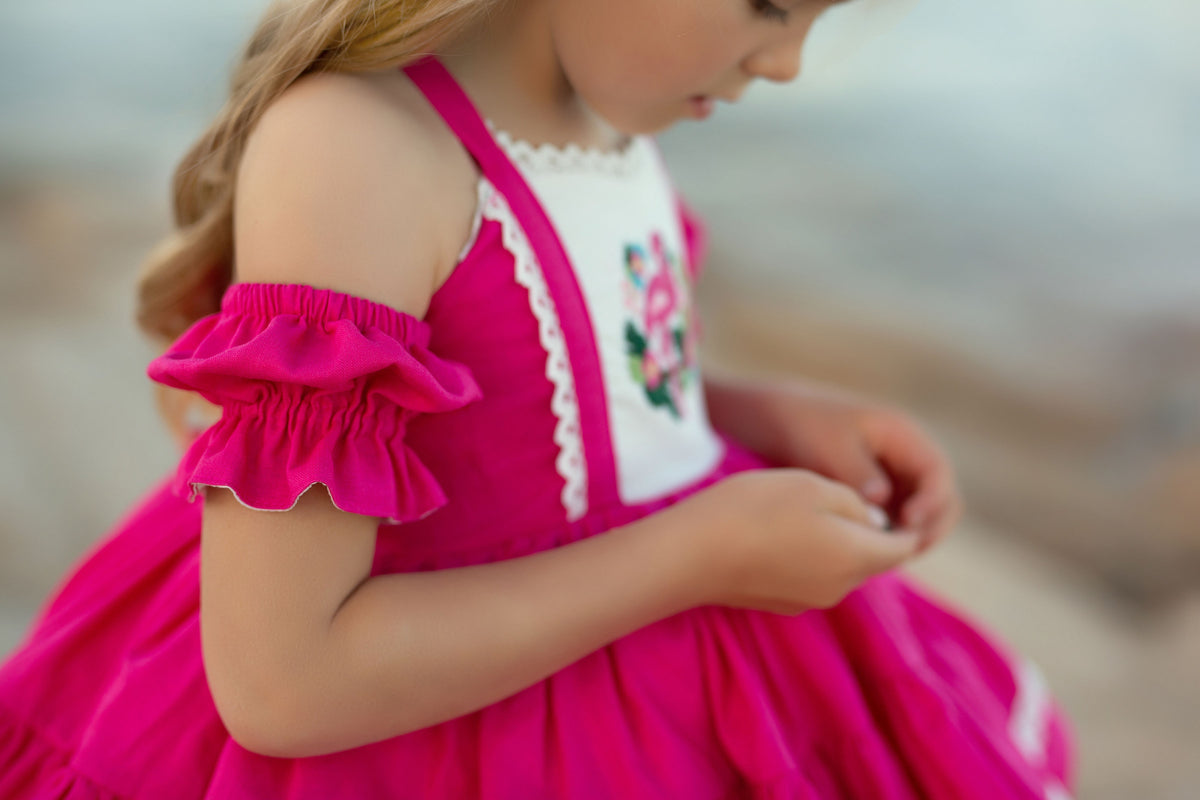Flamingo Bloom Petti Dress – Hand Embroidered Vintage Inspired Linen Cotton Boutique Girls Dress | Lace Corset Heirloom Style