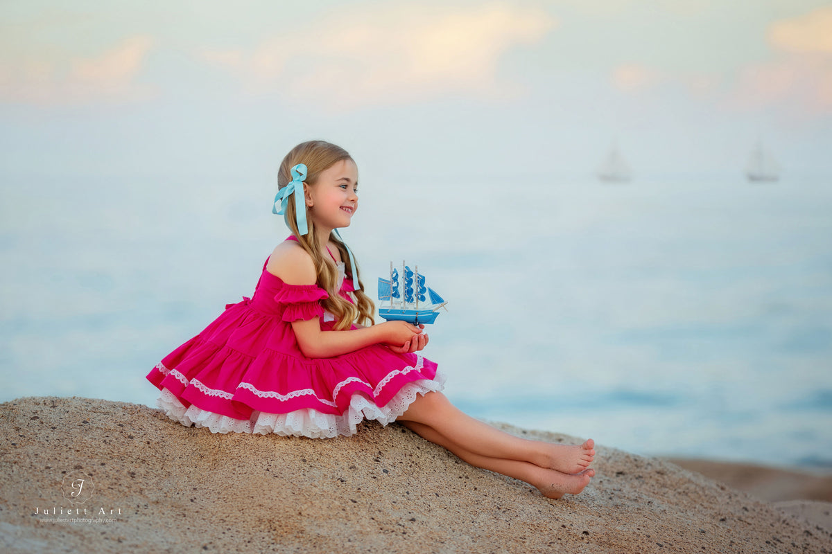 Flamingo Bloom Petti Dress – Hand Embroidered Vintage Inspired Linen Cotton Boutique Girls Dress | Lace Corset Heirloom Style