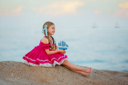 Flamingo Bloom Petti Dress – Hand Embroidered Vintage Inspired Linen Cotton Boutique Girls Dress | Lace Corset Heirloom Style