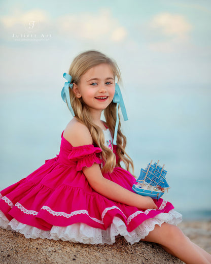 Flamingo Bloom Petti Dress – Hand Embroidered Vintage Inspired Linen Cotton Boutique Girls Dress | Lace Corset Heirloom Style
