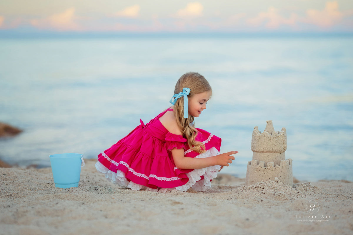 Flamingo Bloom Petti Dress – Hand Embroidered Vintage Inspired Linen Cotton Boutique Girls Dress | Lace Corset Heirloom Style